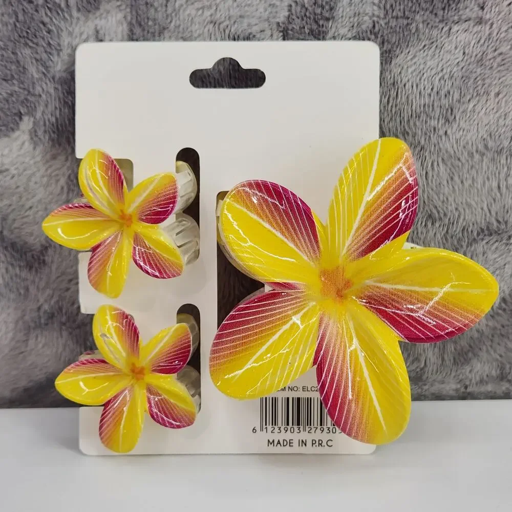 3 pc Hawaiian Flower Claw Clips Hair Accessories - Yellow and Maroon